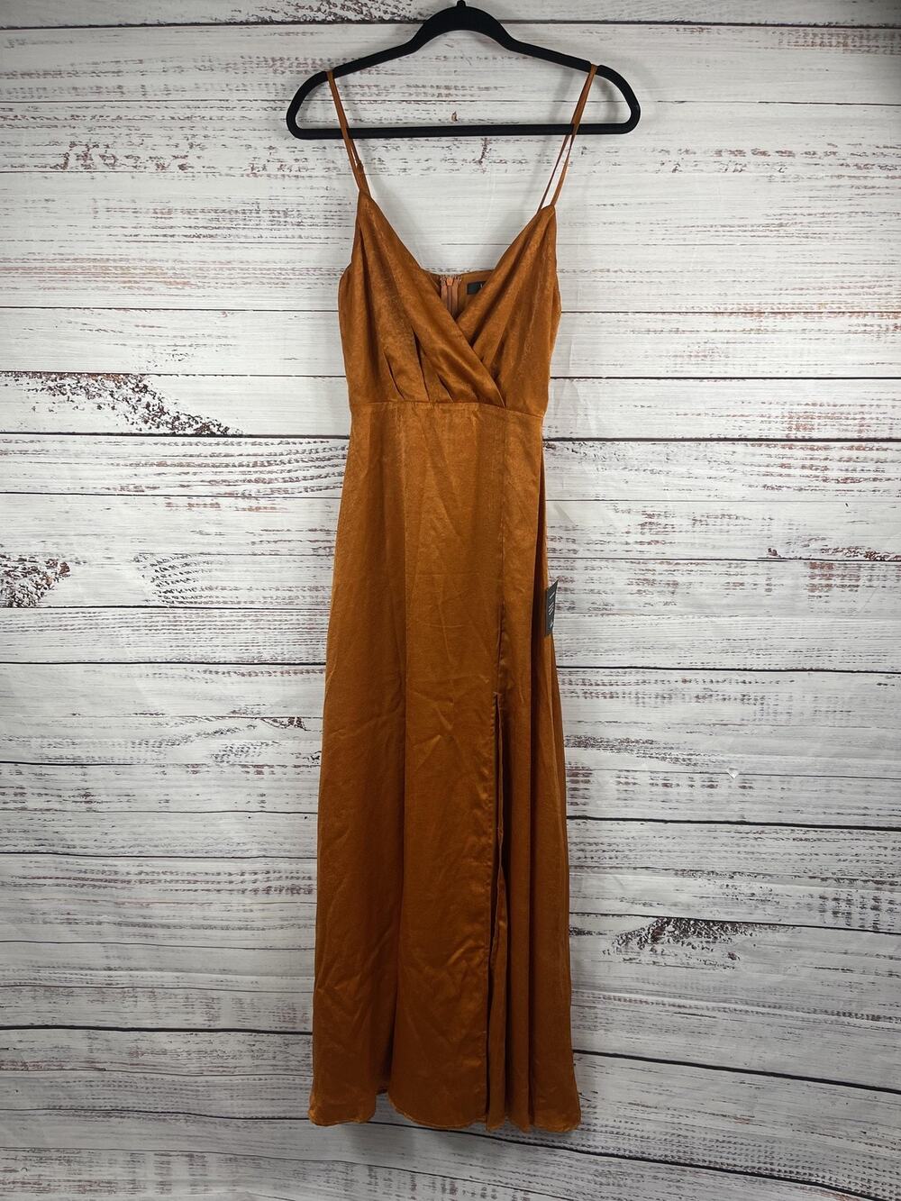 Lulus Dress Womens Extra Small Brown Maxi Spaghetti Strap Side Slit Lined Formal